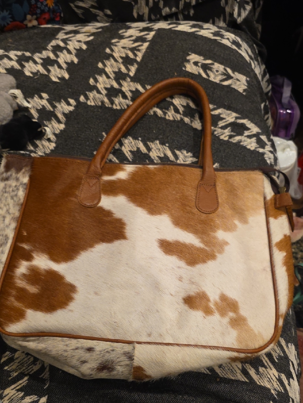 Leather-Trim Cowhide Tote Bag in Brown & White **will Consider Trades